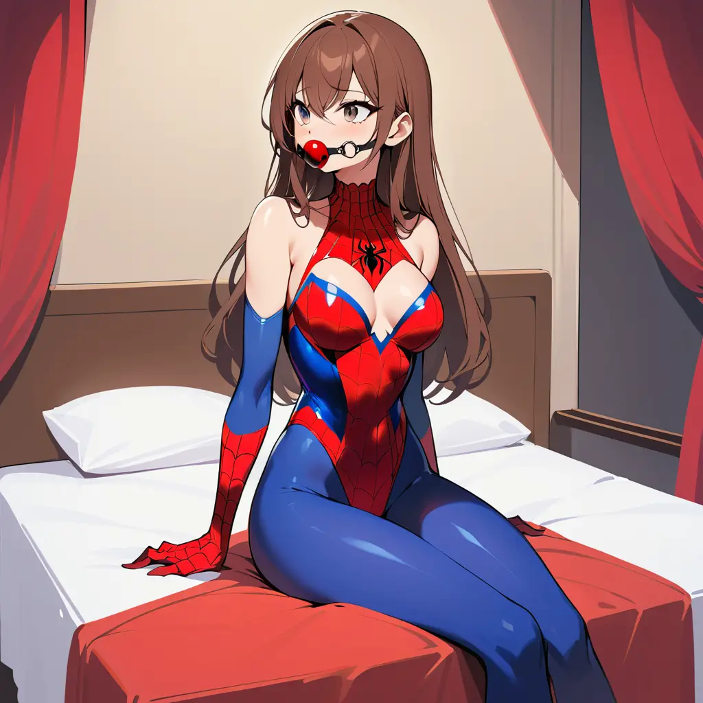 Uma mulher com lingerie estampada com teias de aranha está sentada na cama com uma mordaça de bola vermelha