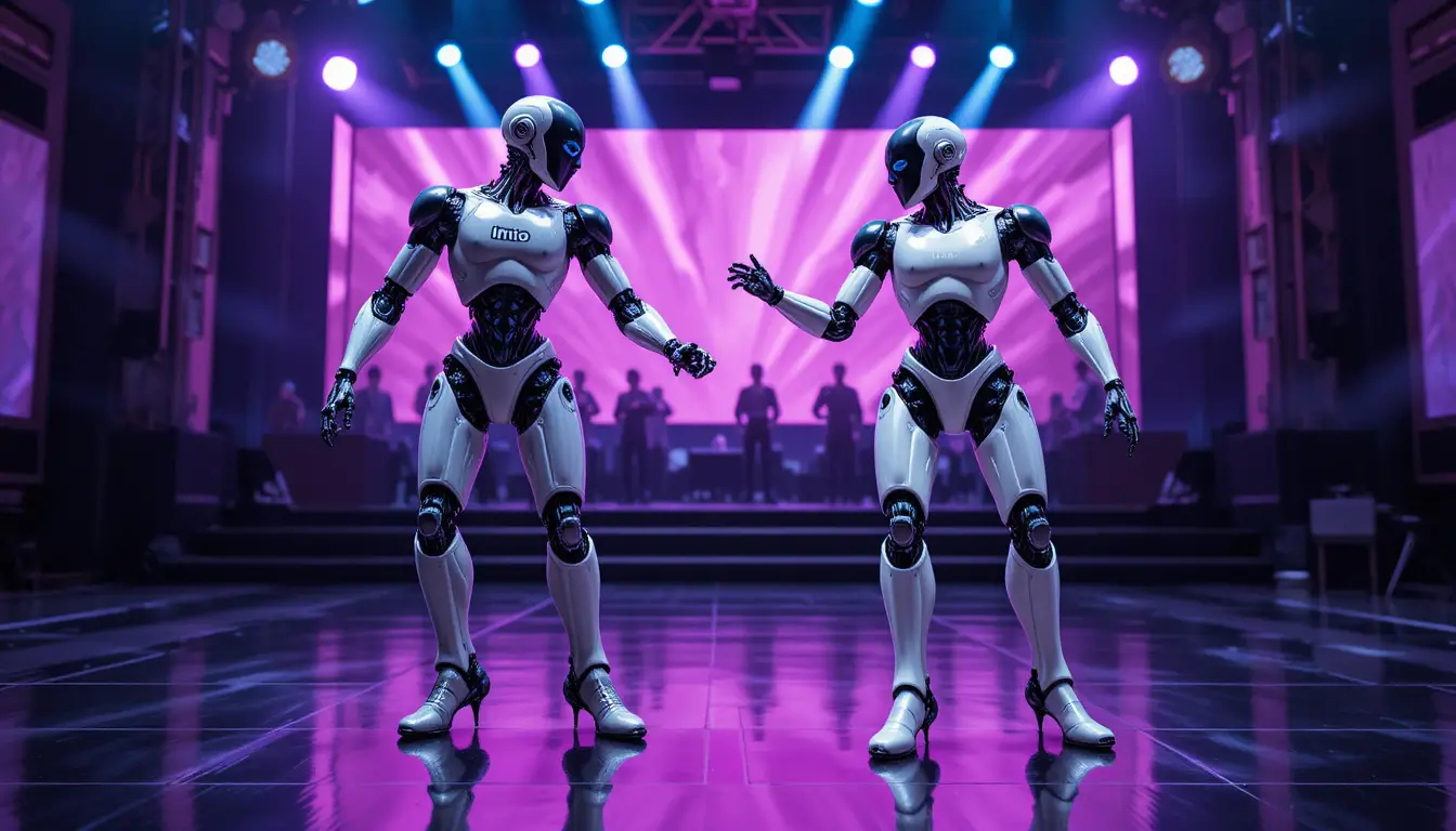 Dois robôs humanoides dançam juntos num palco refletor