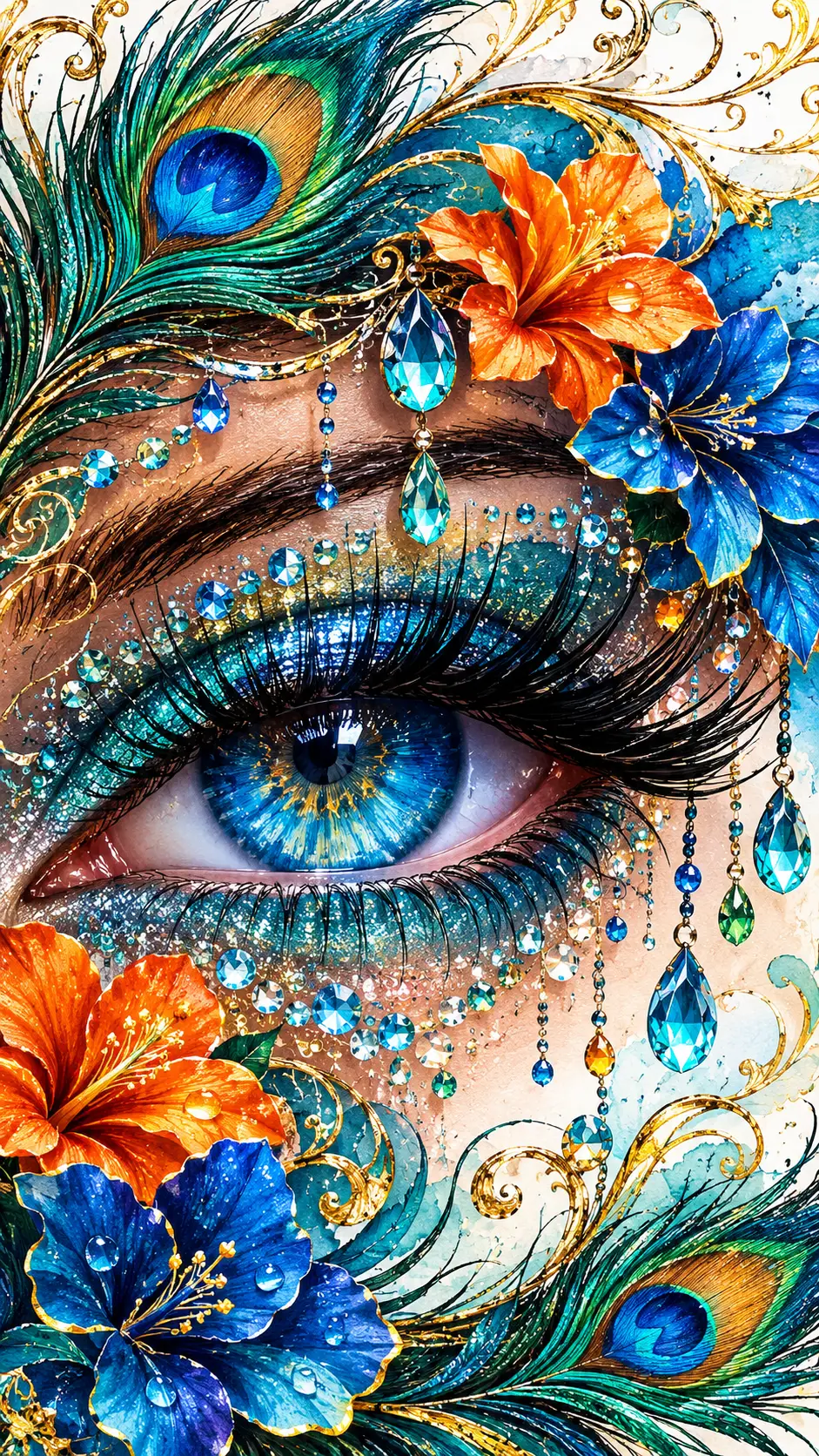 Um olho humano azul emoldurado por penas de pavão, flores luminosas e cristais cintilantes