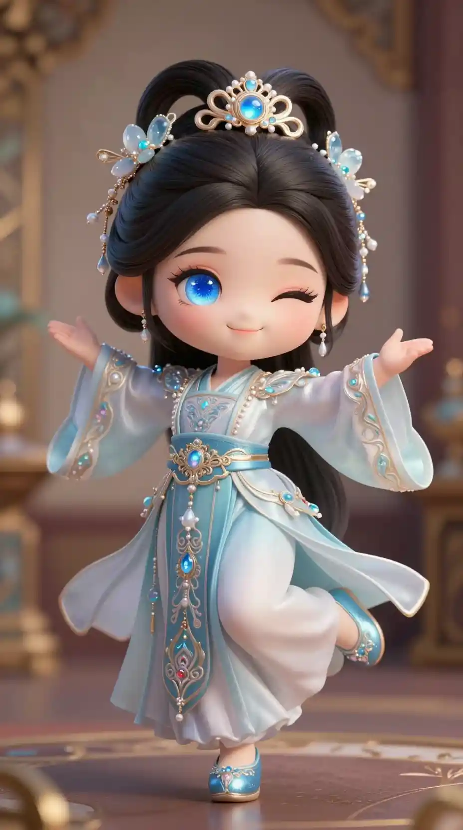 A chibi girl dances in a classical interior with floral hair ornaments
