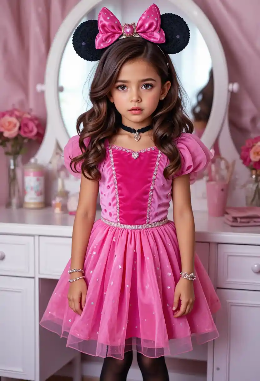 Um menino nervoso com uma fantasia de princesa da Minnie Mouse está diante de uma penteadeira