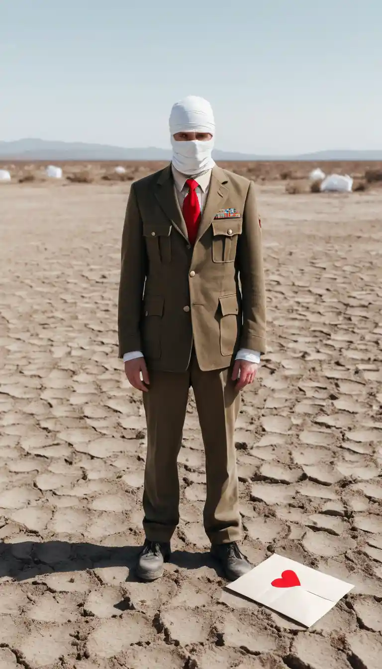 A bandaged man holds a heart-sealed letter in a barren field
