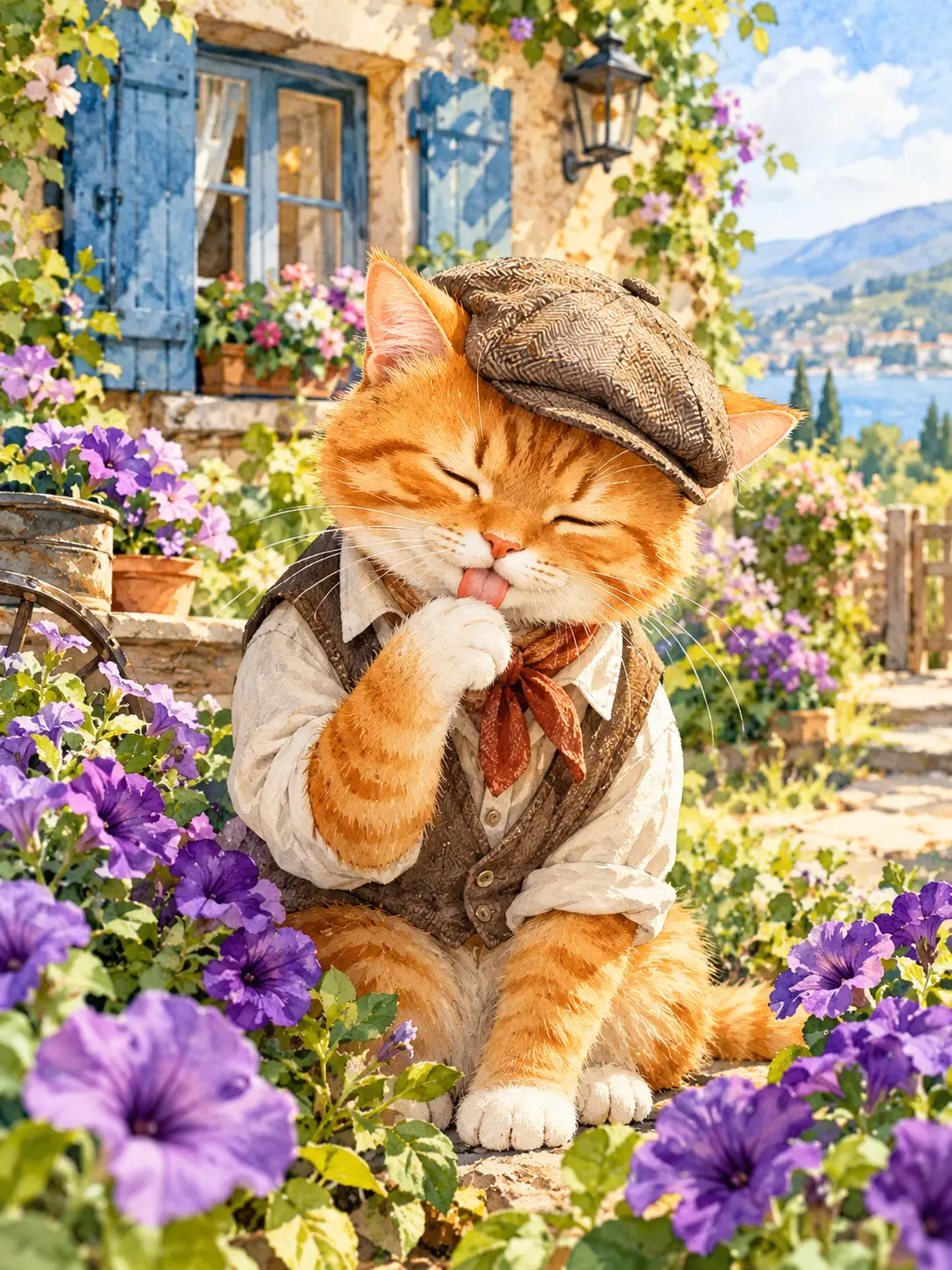 Um gato em aquarela, vestido como um jornaleiro, se limpa entre petúnias ao lado de uma casa de campo