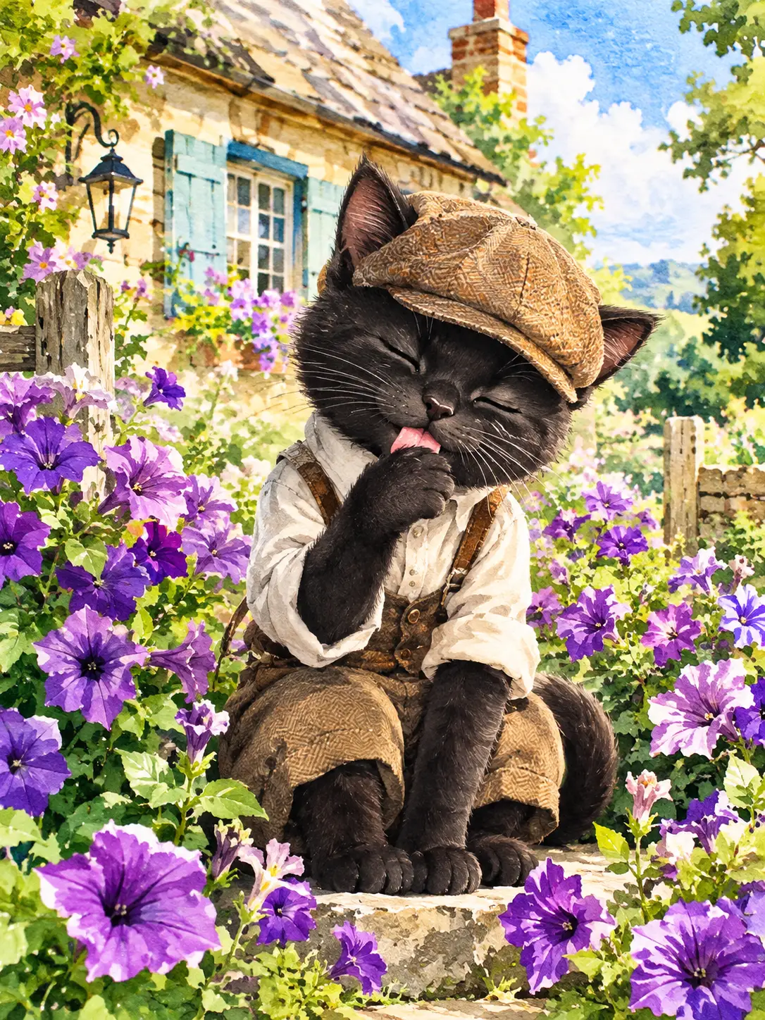 Un gatto nero vestito da strillone si lecca la zampa tra le petunie