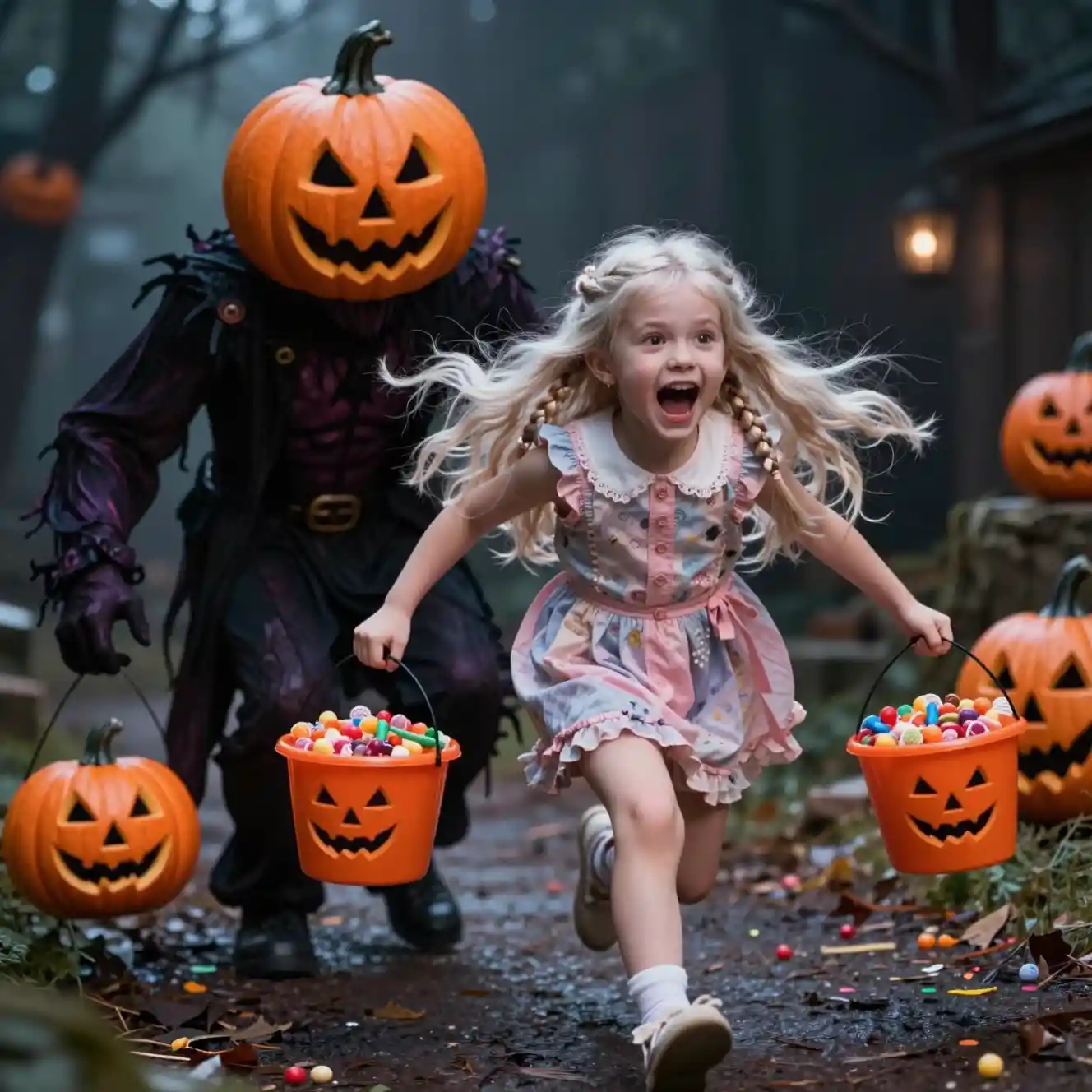 Menina assustada foge de um monstro com cabeça de abóbora levando doces de Halloween