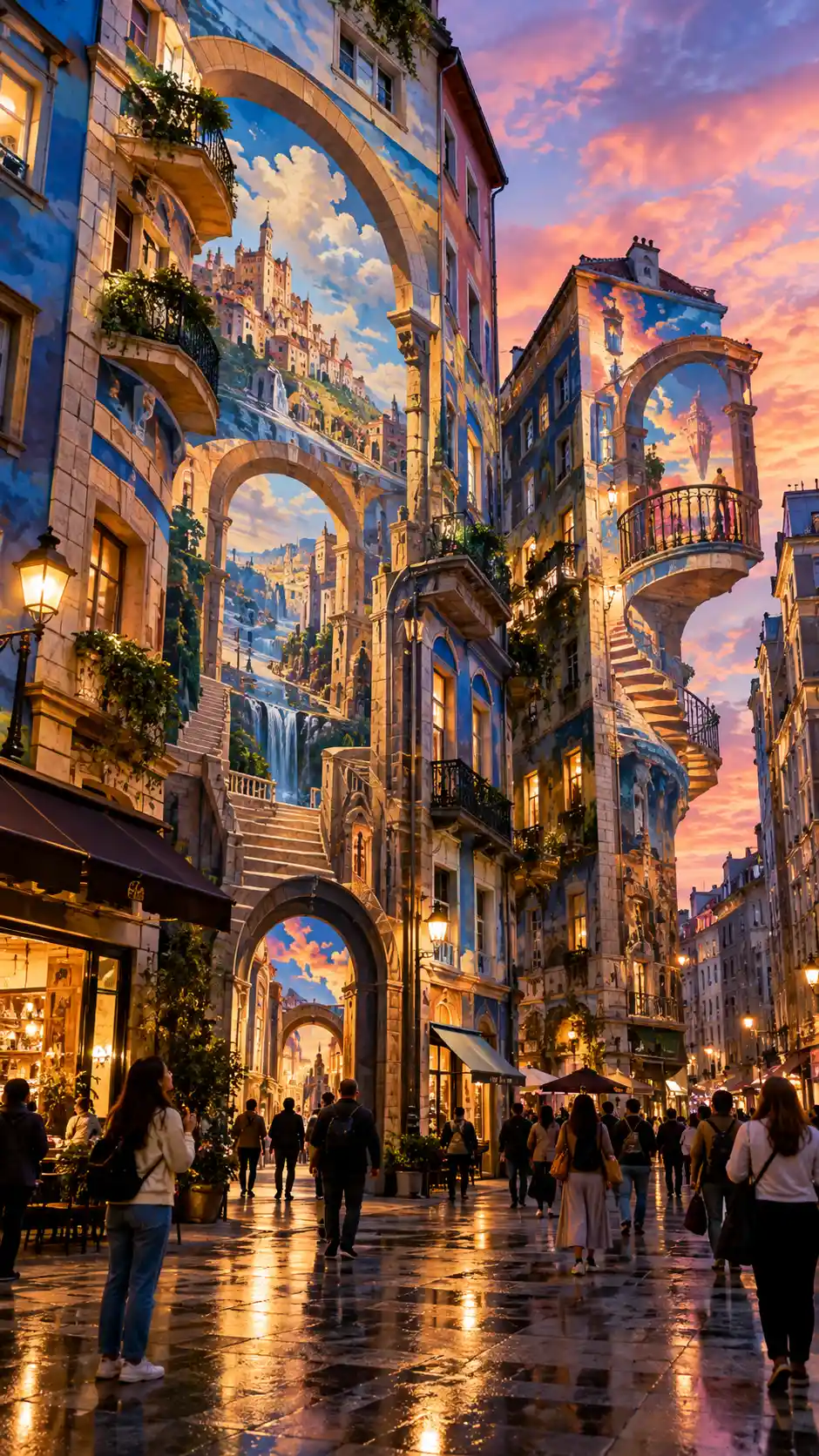 Uma cidade vibrante ao entardecer, transformada por uma arquitetura pintada ilusória