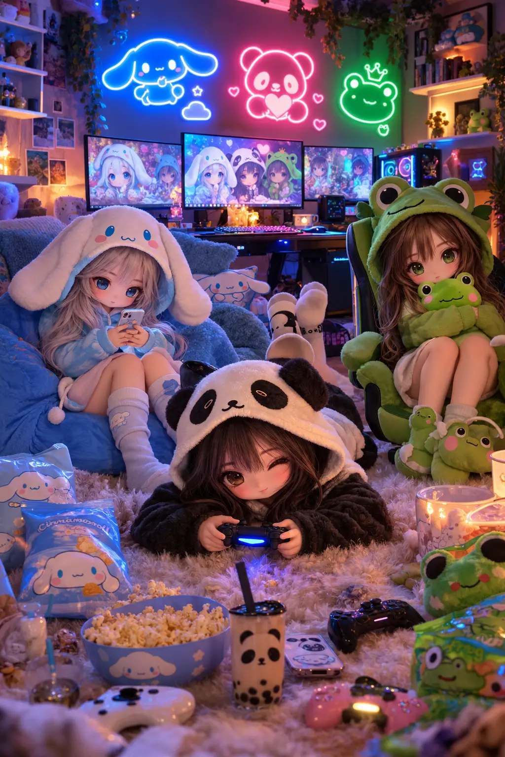 Três garotas de anime chibi em uma aconchegante sala de jogos