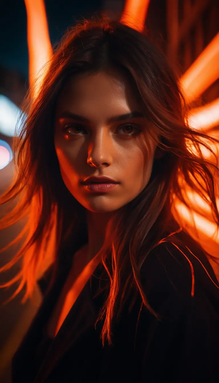 Os olhos de uma mulher velados por rastros luminosos em vermelho e laranja