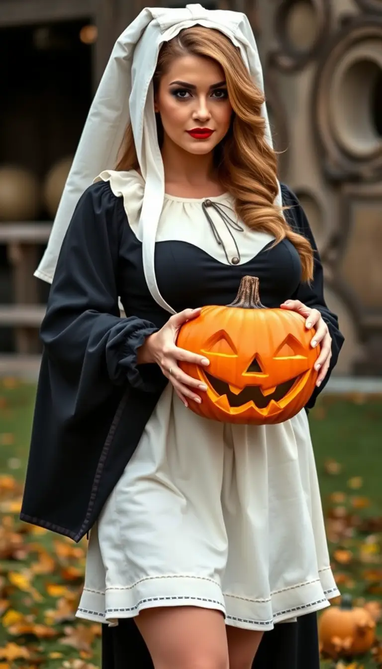Uma mulher curvilínea com uma fantasia de peregrina segura uma abóbora de Halloween