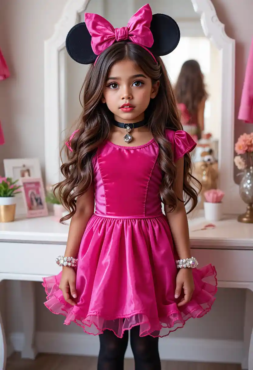 Um menino vestido como a princesa Minnie Mouse está diante de uma penteadeira