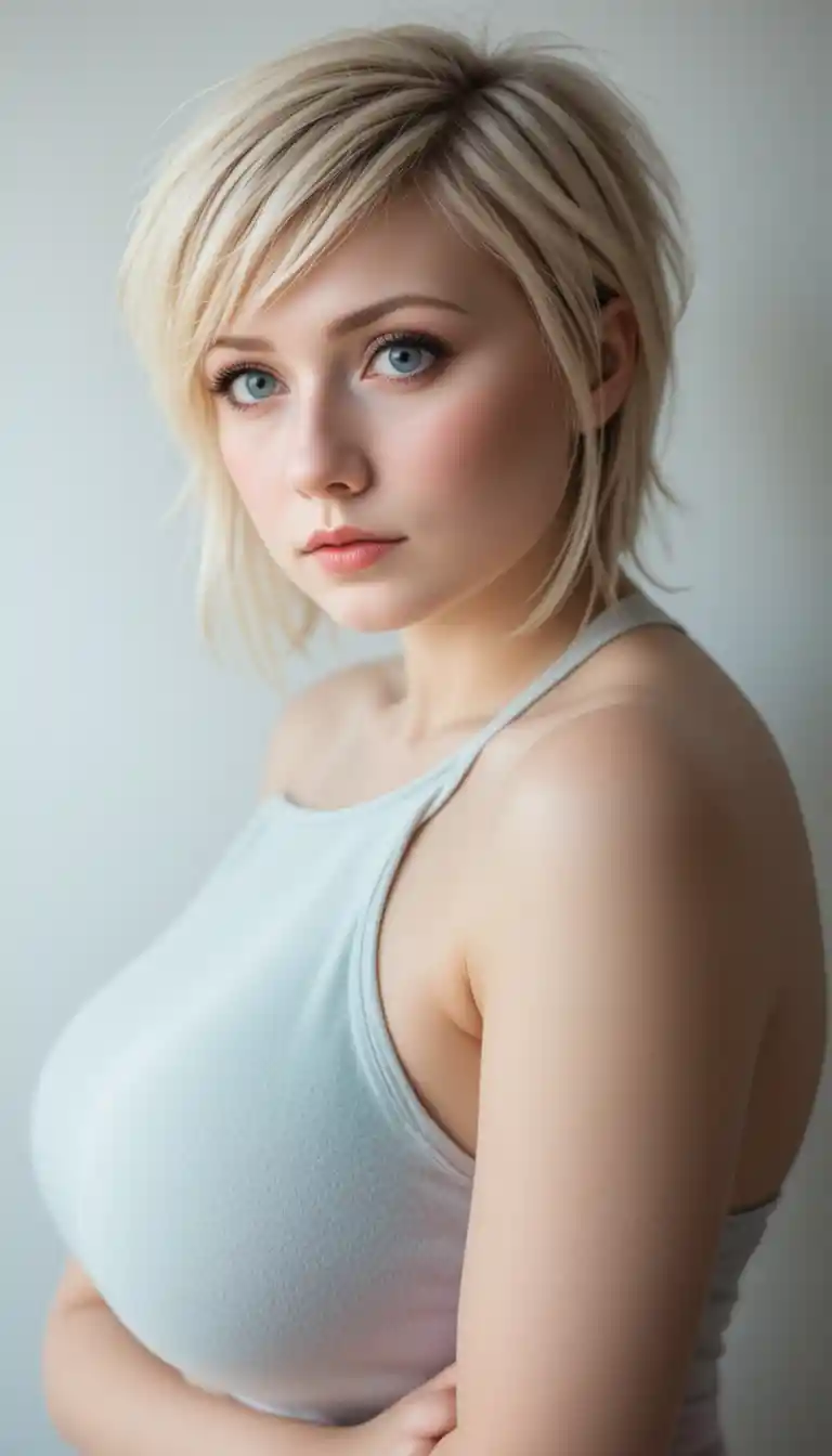 Uma mulher de 18 anos inclina-se para a frente usando um top halter em tons pastel