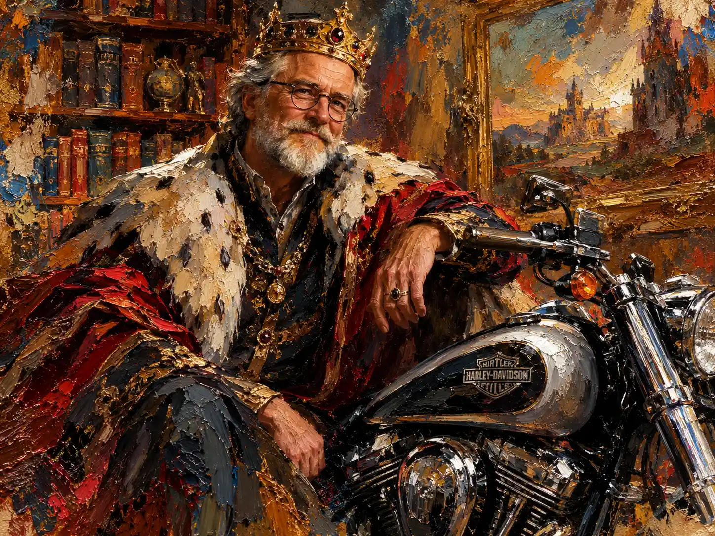 Um rei sábio posa ao lado da sua moto entre estantes de livros