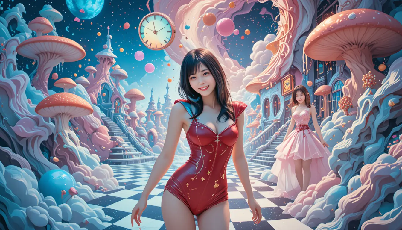 Três mulheres surgem em um mundo surreal entre pílulas flutuantes e relógios derretendo