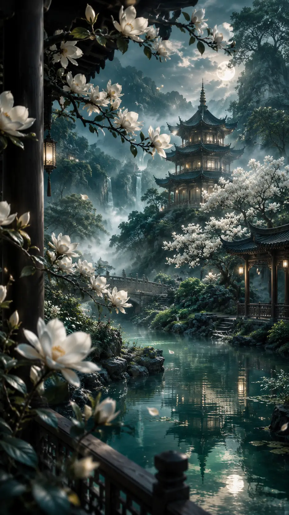 Um pagode e flores de magnólia em um jardim asiático sombreado