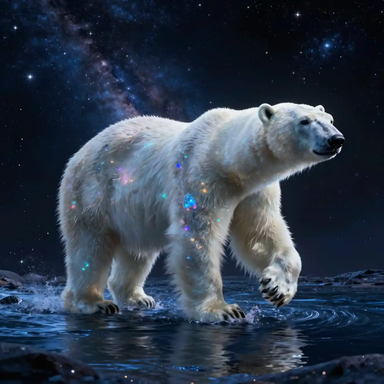 Um urso-polar galopa por um rio de estrelas no espaço profundo
