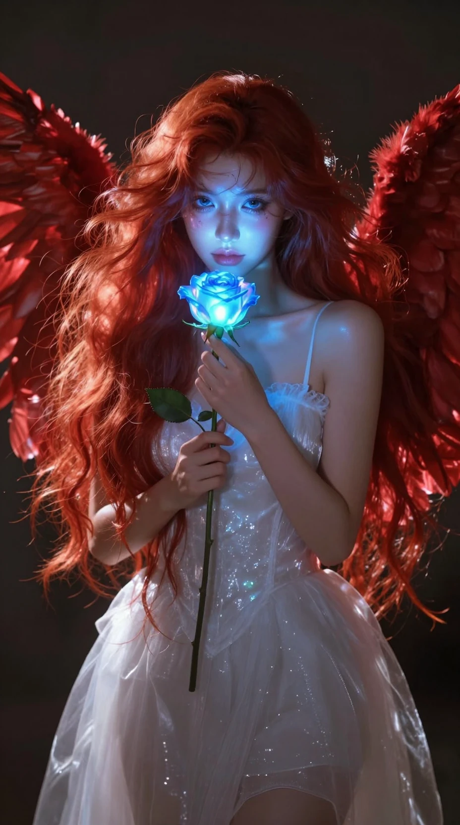 Um anjo ruivo segura uma rosa azul brilhante