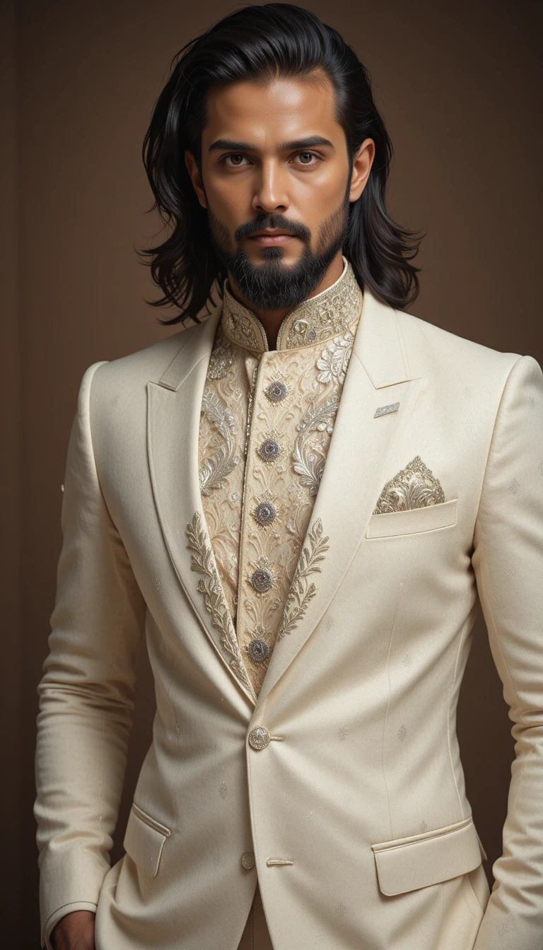 Homem com traje bandhgala creme diante de um fundo marrom discreto