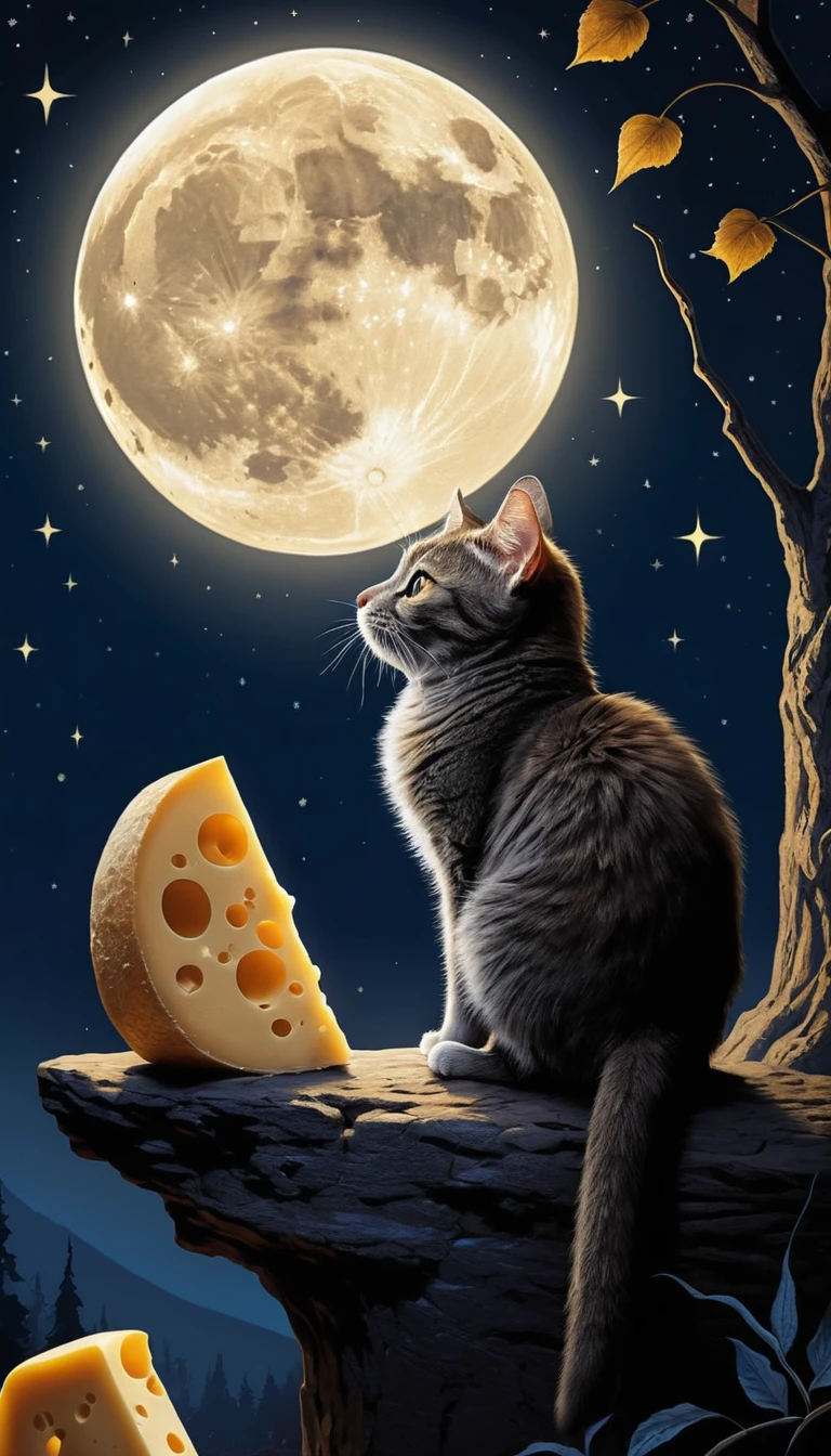 Um ratinho mordisca uma lua em forma de queijo no céu noturno