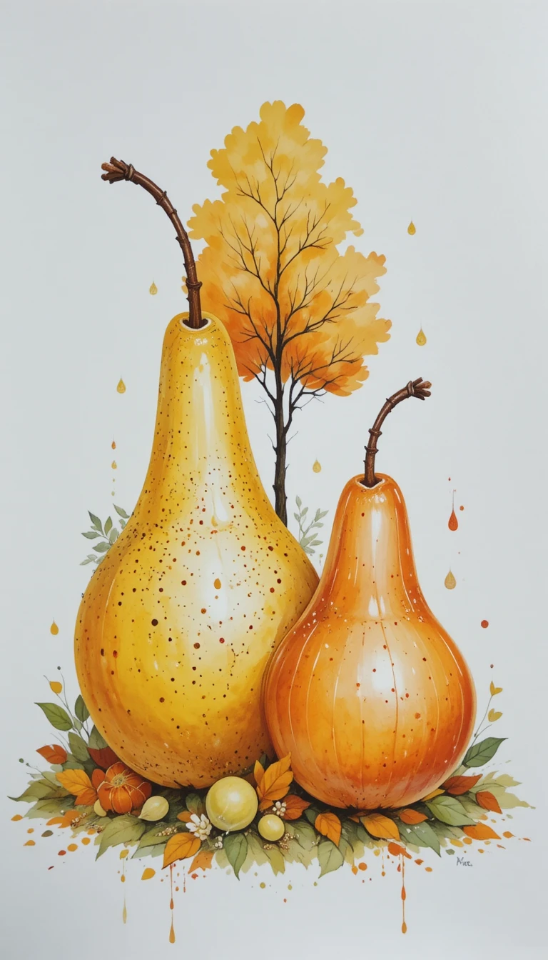 Duas peras em aquarela suave sobre um fundo branco liso