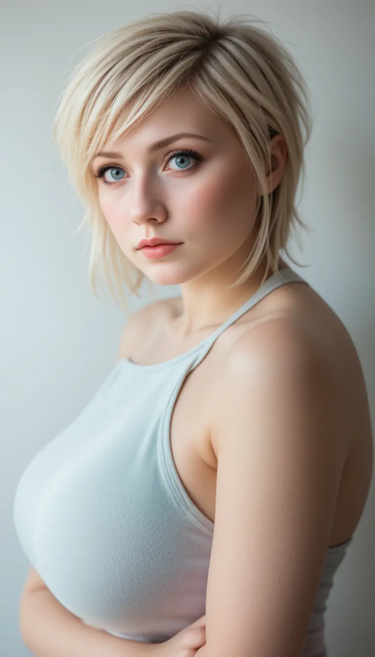 Uma mulher de 18 anos inclina-se para a frente usando um top halter em tons pastel
