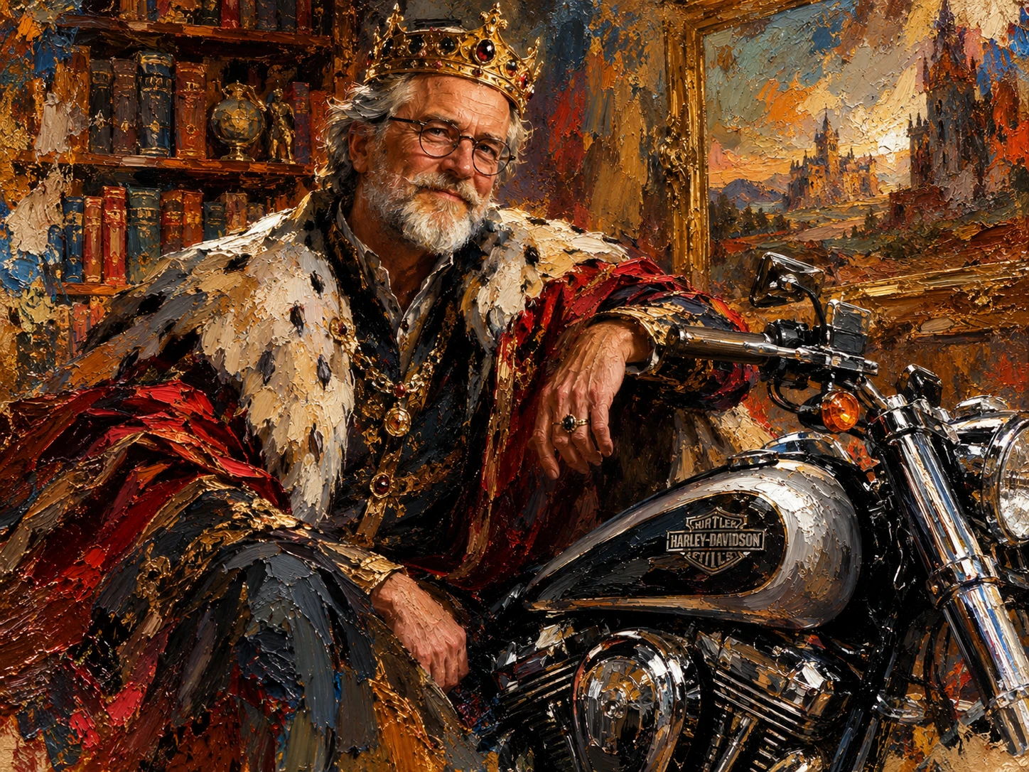 Um rei sábio posa ao lado da sua moto entre estantes de livros