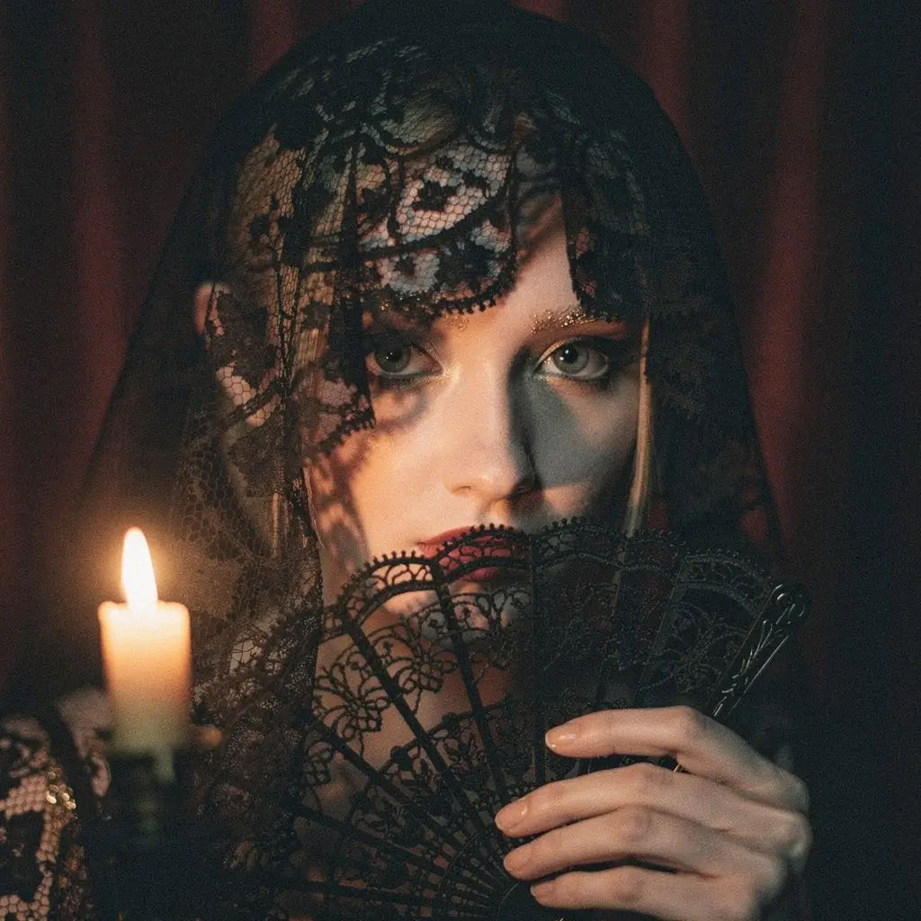 Uma mulher velada segura um leque preto à luz de velas