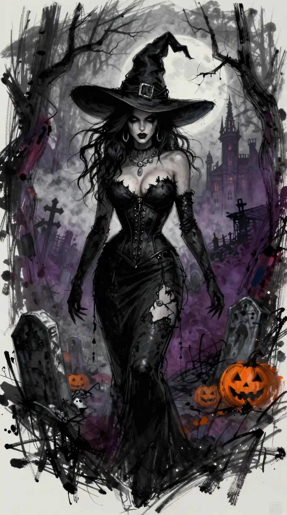 Uma bruxa adulta de Halloween com um vestido preto de corpete em estilo desgastado
