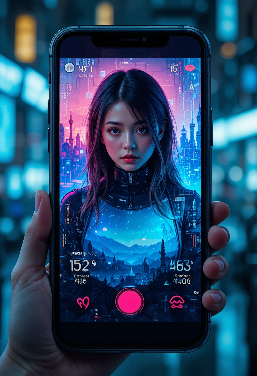 Uma jovem aparece na tela de um celular em estilo cyberpunk