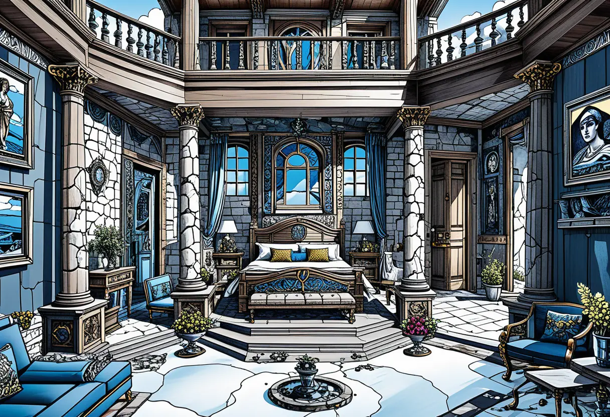 Um diorama em miniatura de uma villa romana com decoração interior elaborada