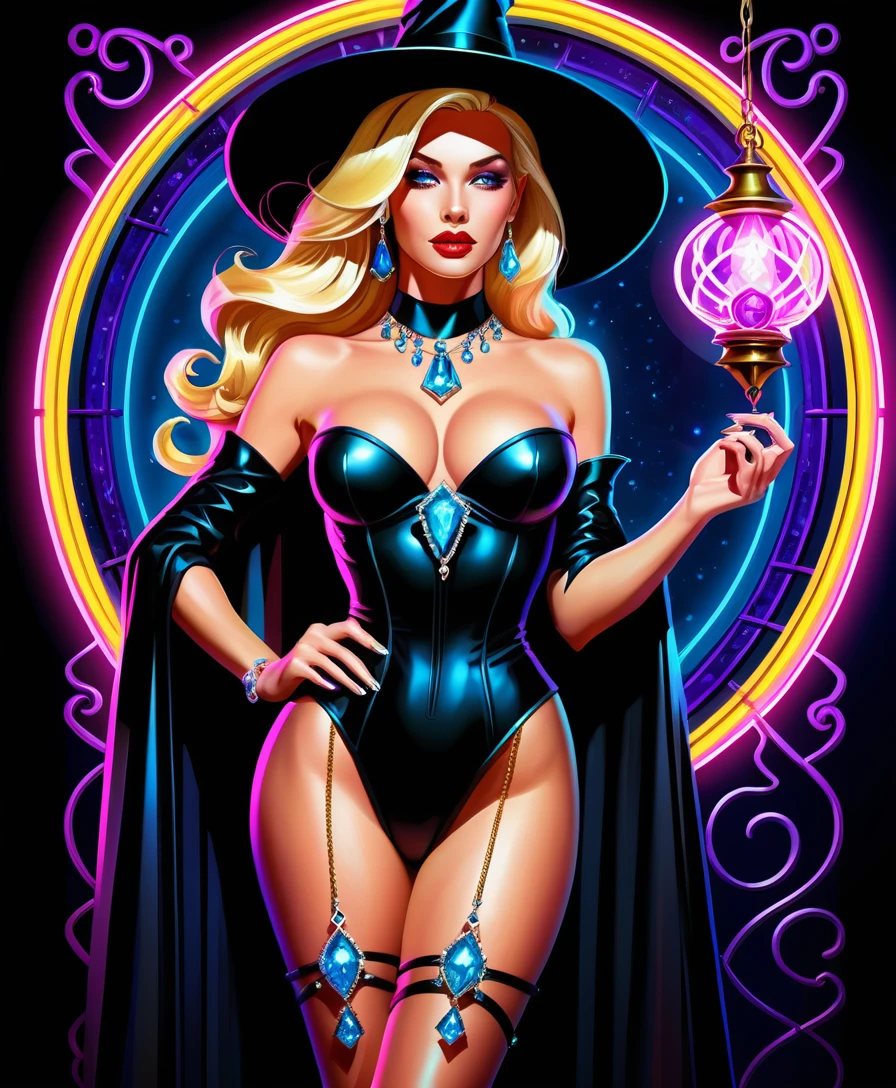 Mulher loira de fantasia com um traje de bruxa ricamente ornamentado