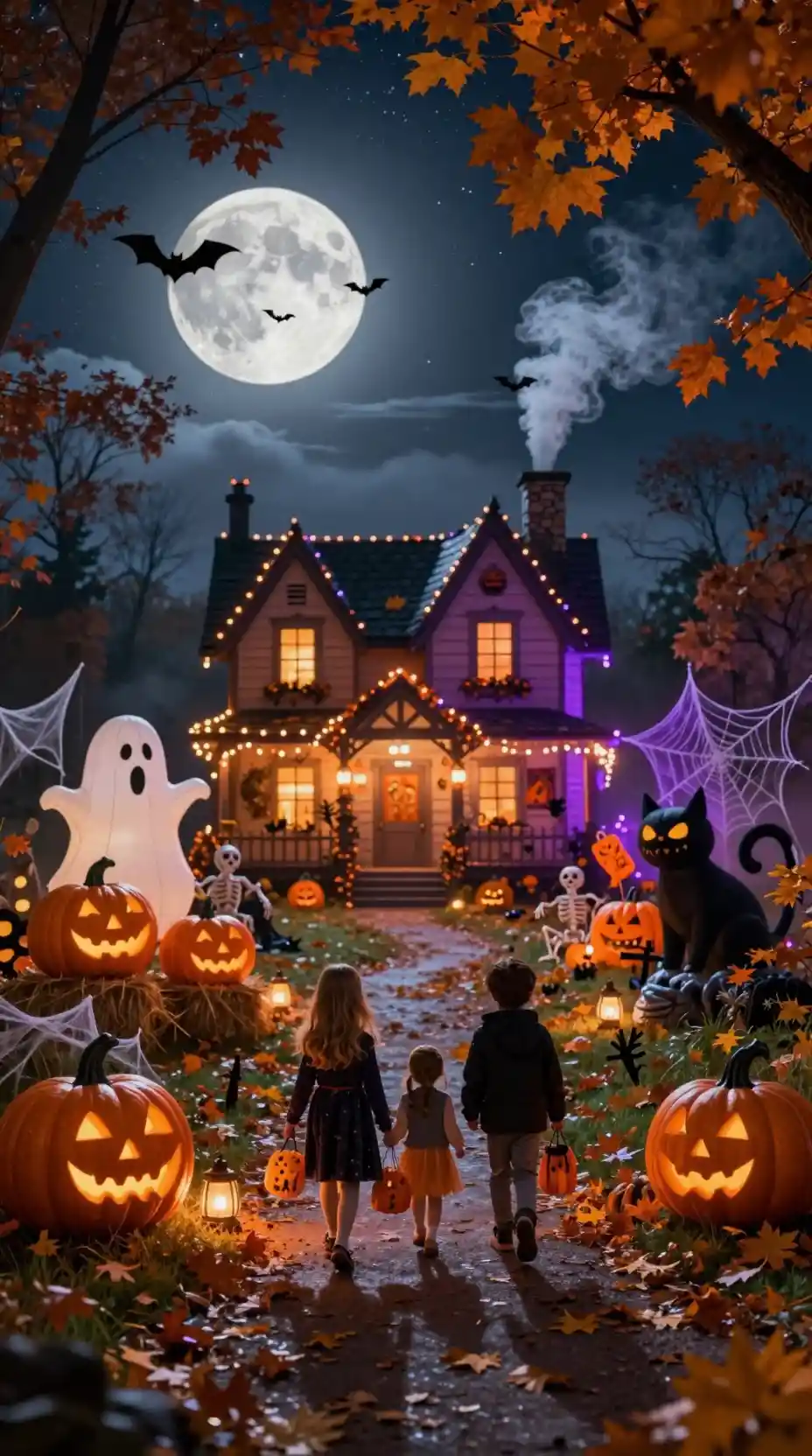 A moonlit Halloween cottage welcomes children through an autumn forest
