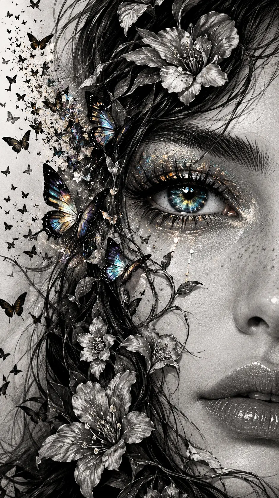 Retrato em close-up do olho de uma mulher com borboletas e flores