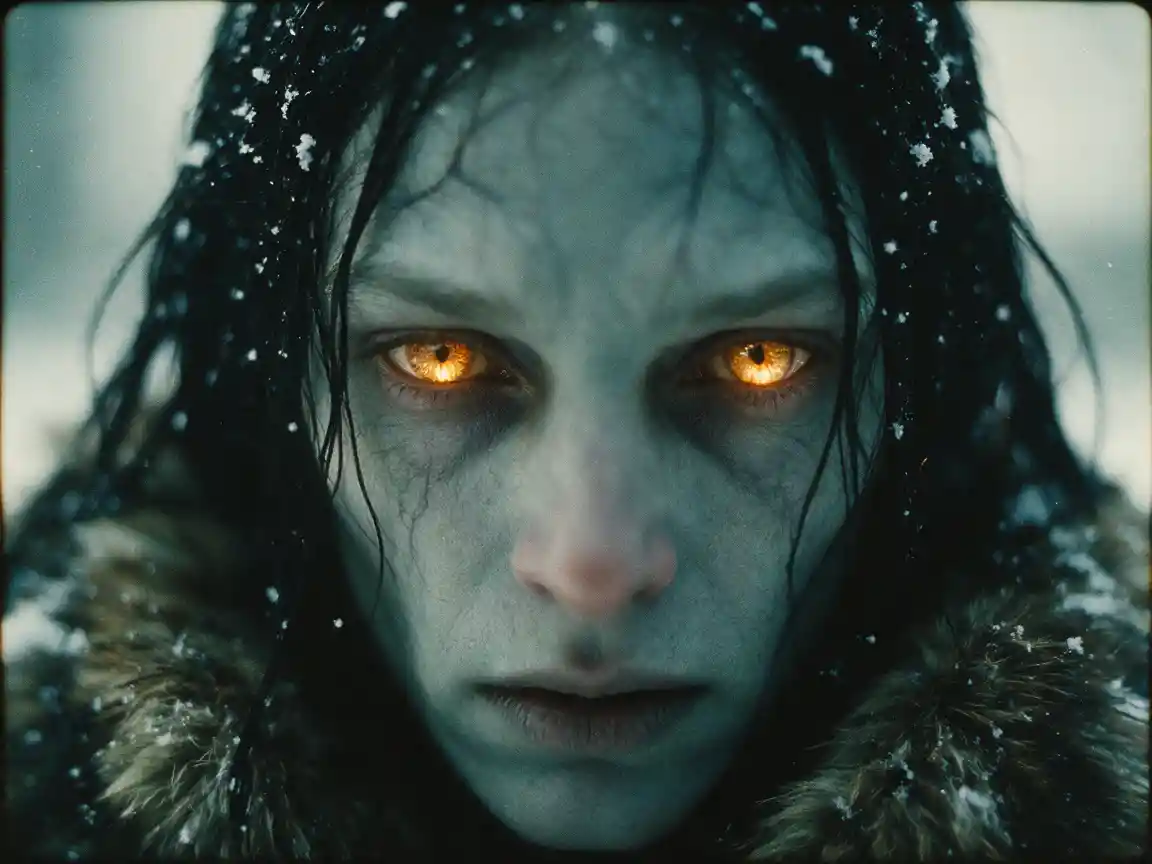 Retrato fantasmagórico com olhos âmbar e cabelos negros molhados pela neve