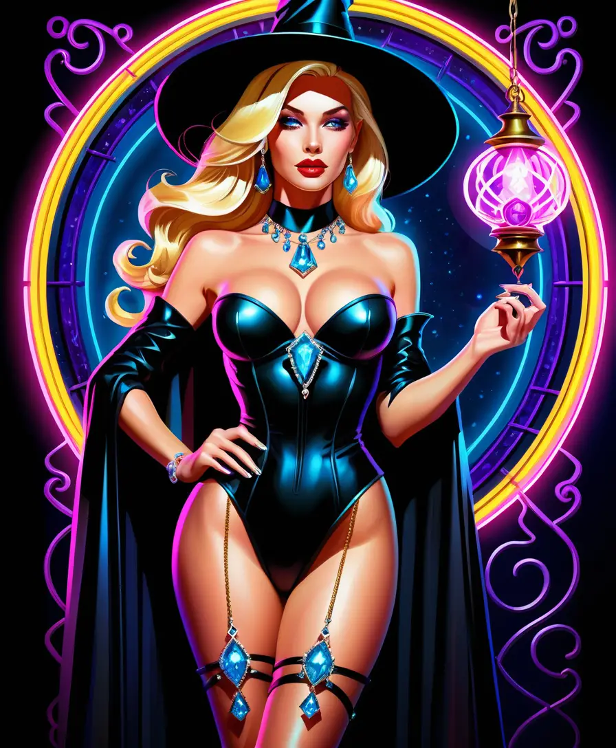 Blonde Fantasyfrau in einem kunstvoll verzierten Hexenkostüm