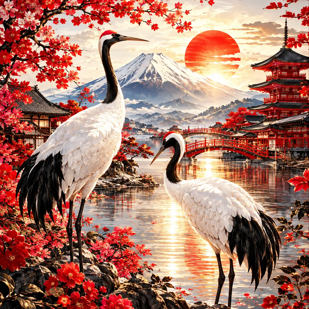 Uma paisagem japonesa com guindastes, casas, montanhas e sol