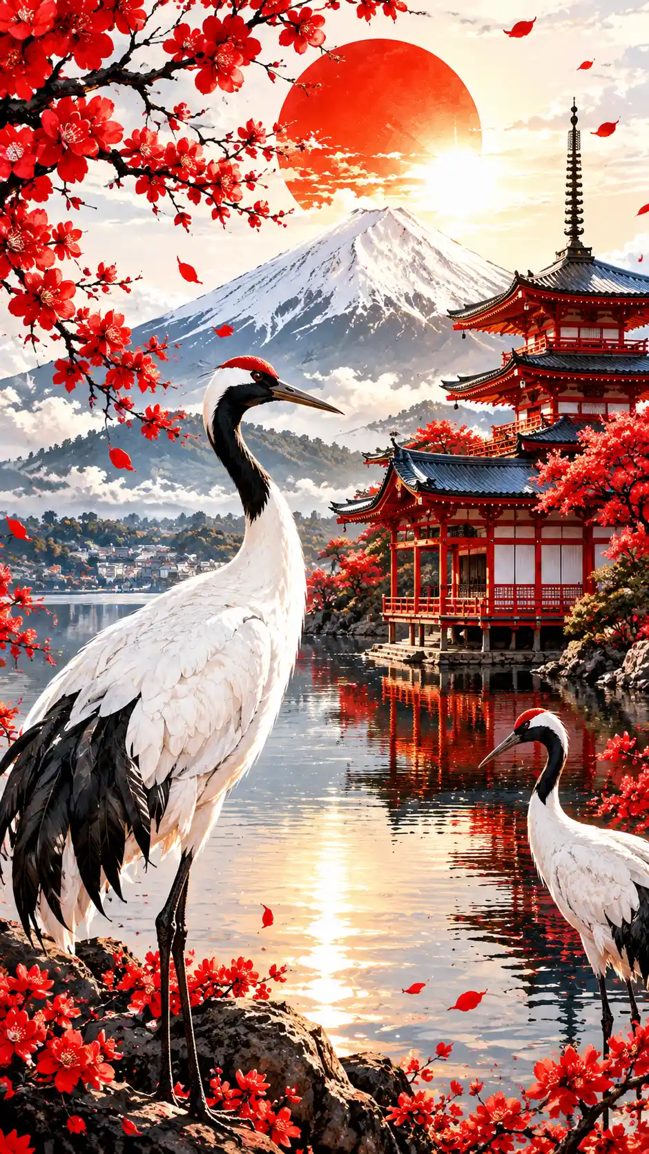 Paisagem japonesa com grous, casas, montanhas e luz solar intensa