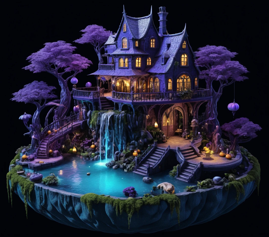 Um diorama de uma ilha flutuante com cascatas e decoração assustadora de Halloween