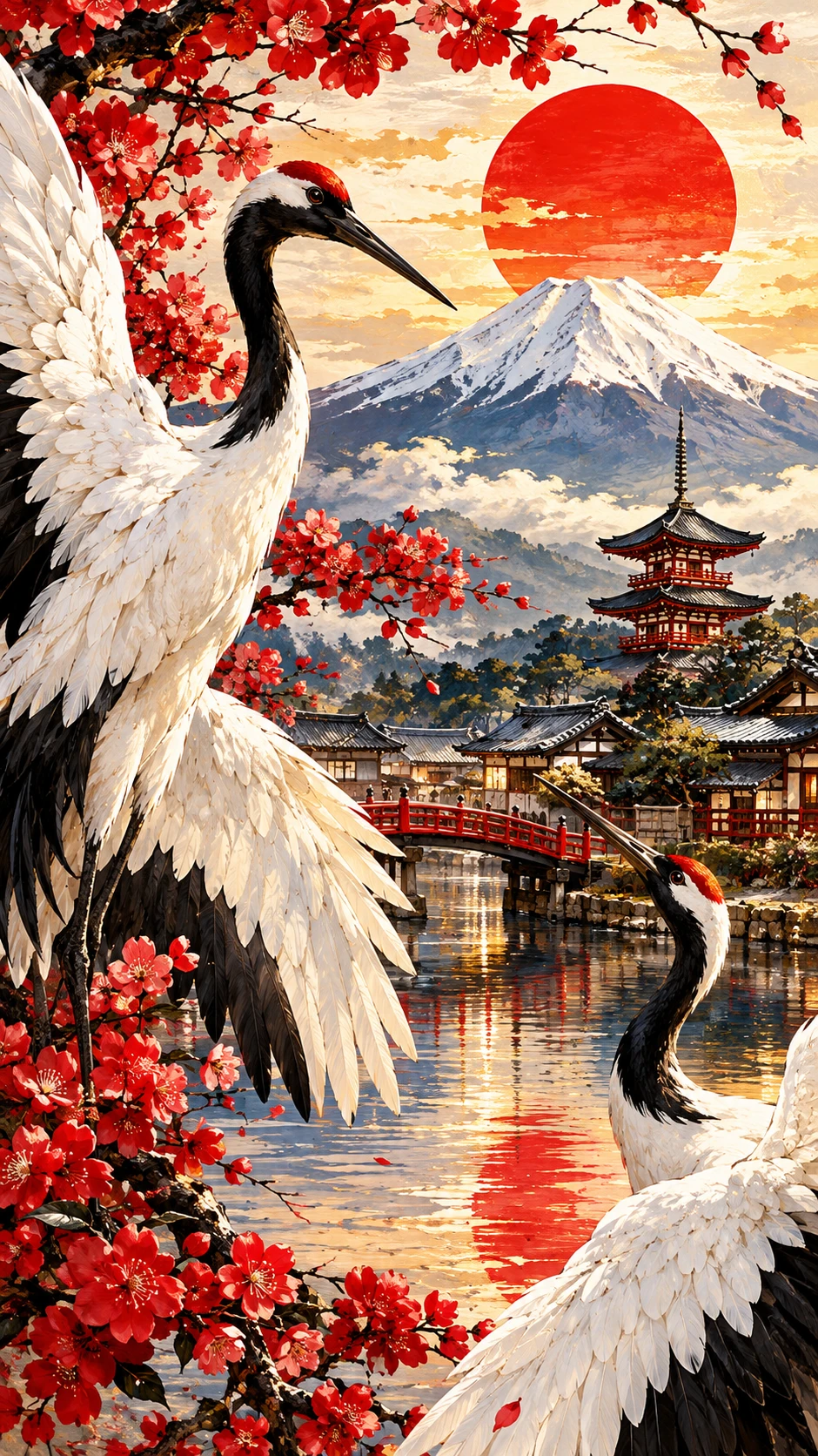 Pintura de paisagem japonesa com grous, casas, montanhas e luz do sol