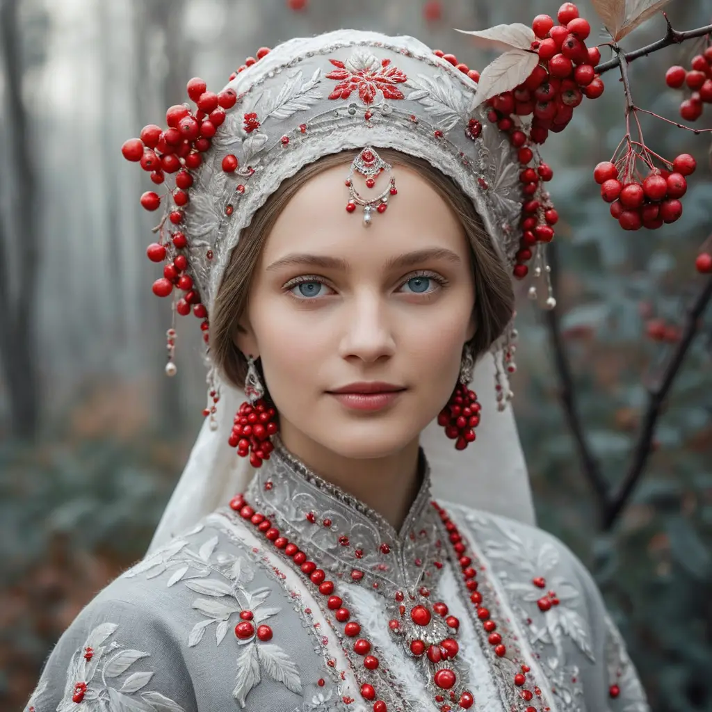 Eine Frau in russischer Tracht hält unter einem grauen Himmel Vogelbeeren in der Hand