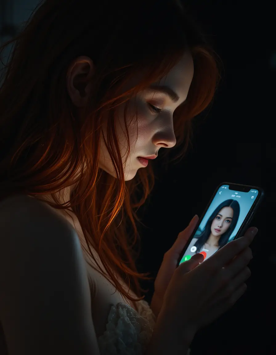 Eine rothaarige Frau betrachtet ihr Smartphone in dramatischer Dunkelheit