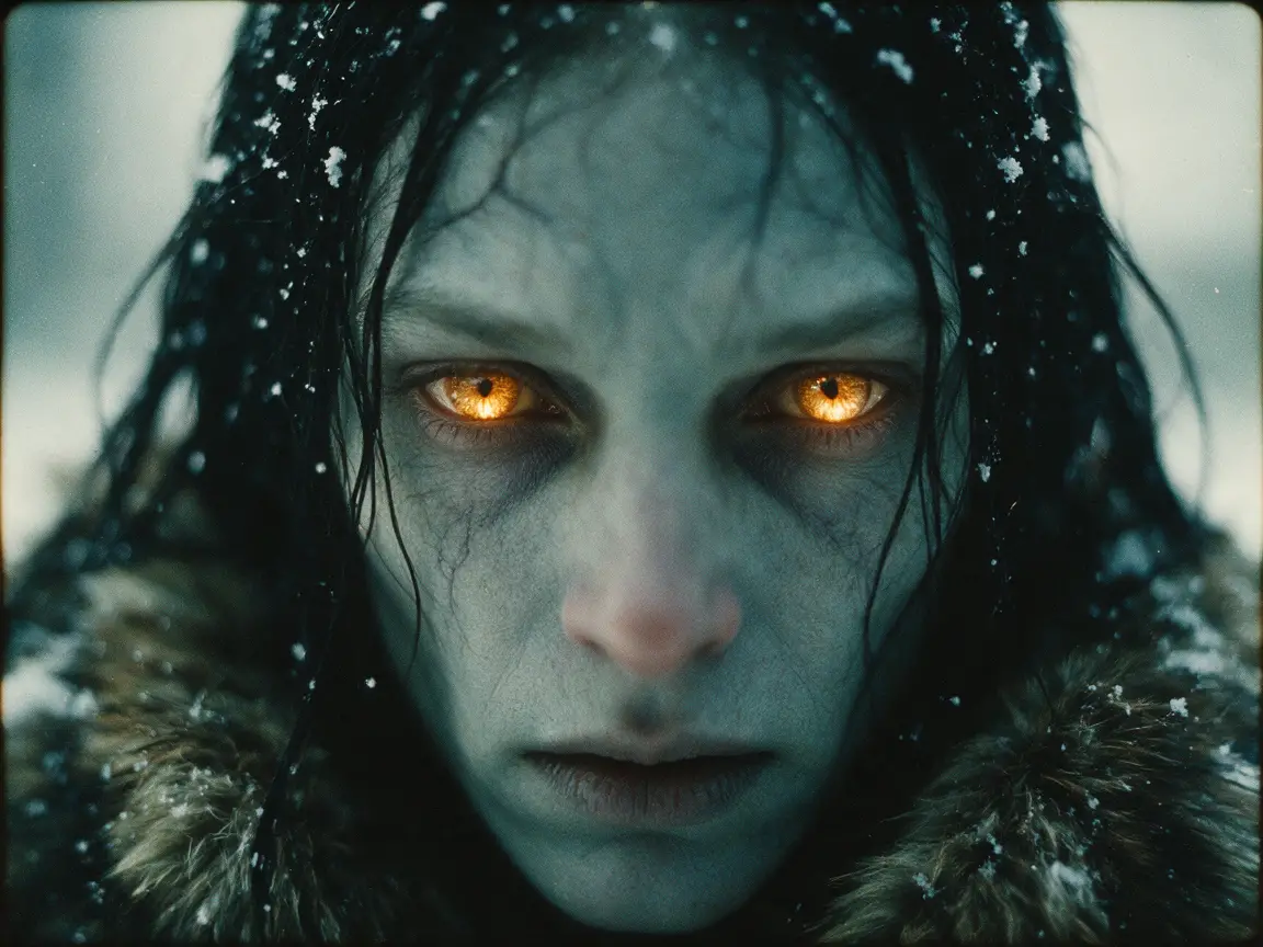 Retrato fantasmagórico com olhos âmbar e cabelos negros molhados pela neve