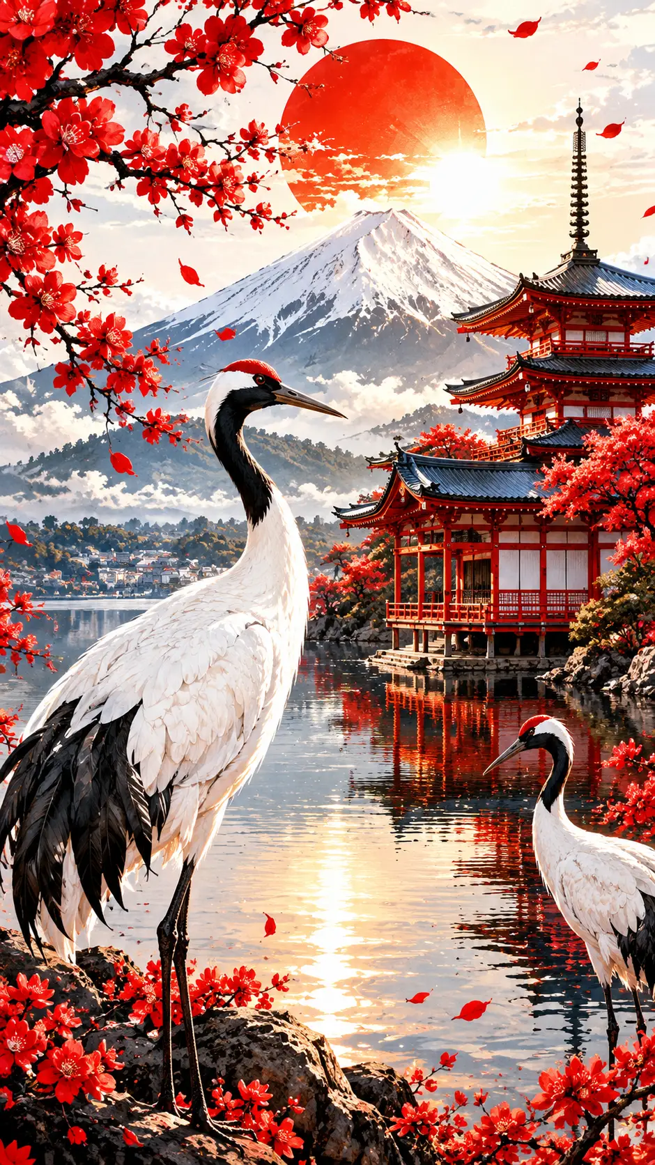 Paisagem japonesa com grous, casas, montanhas e luz solar intensa