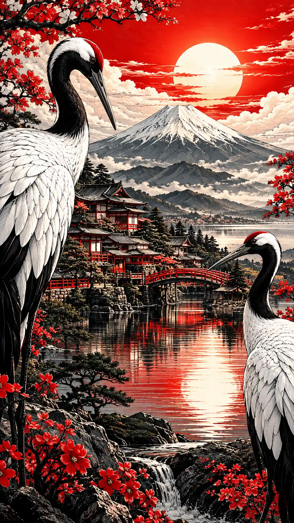 Japanische Landschaft mit Berghäusern und Kranichen im Sonnenlicht