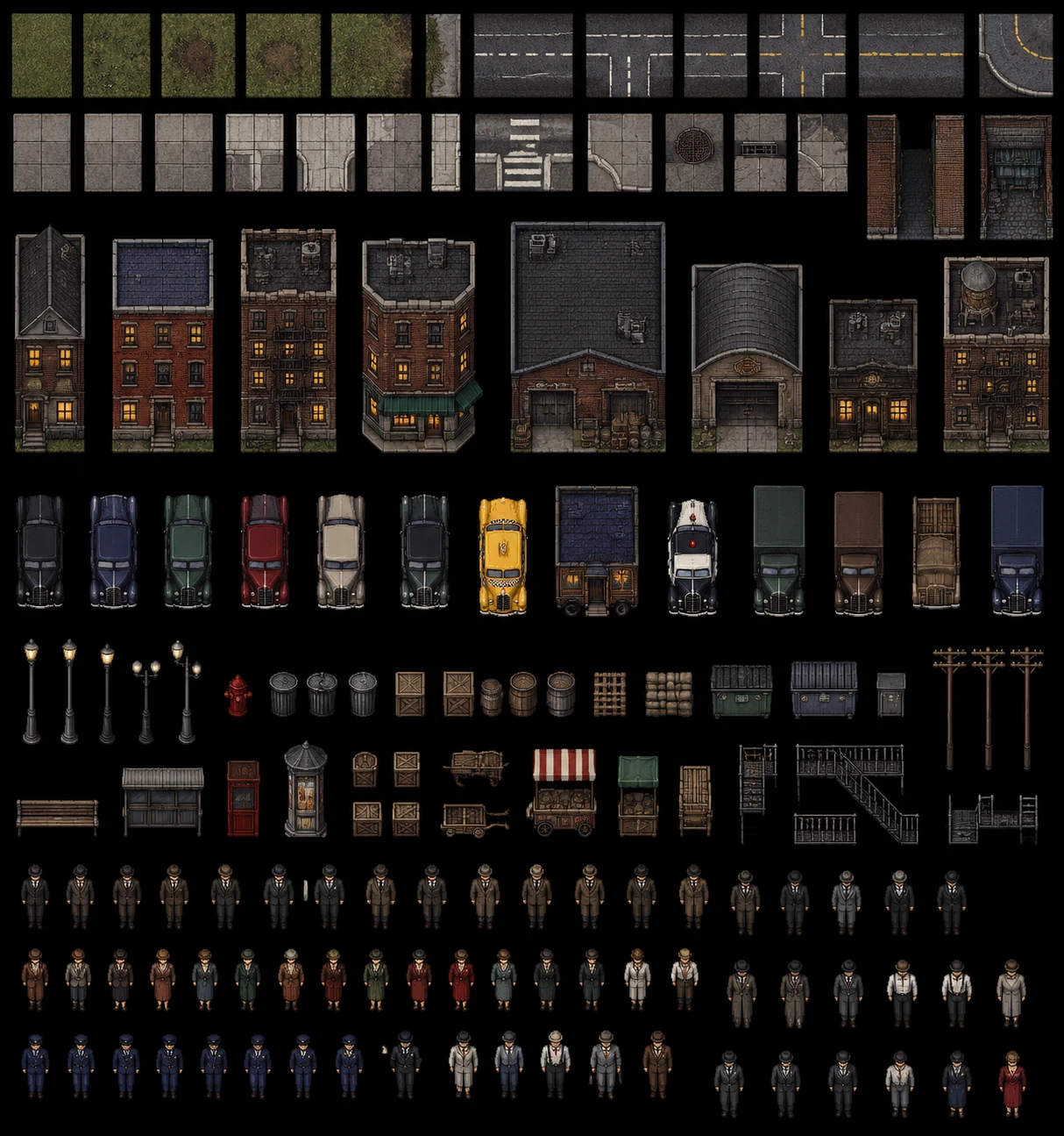 Ein Pixel-Art-Asset-Sheet für eine raue Industriestadt