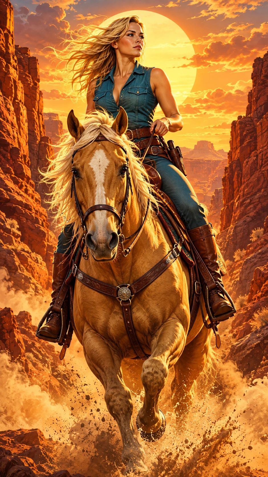 Mujer rubia montando un palomino por un cañón desértico