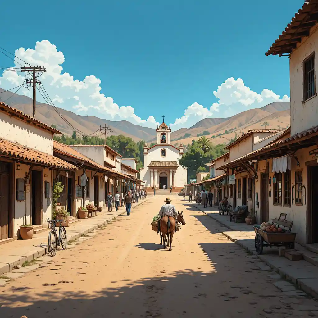 Un paysan et une charrette tirée par un âne dans une rue poussiéreuse d'une ville sud-américaine