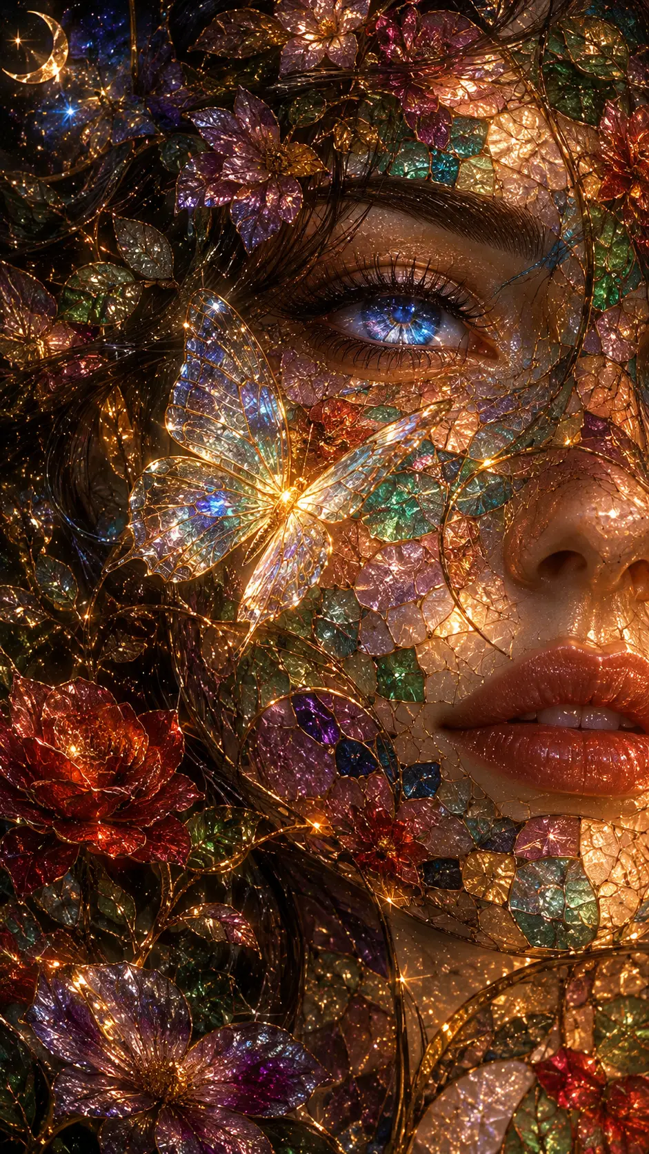 A surreal close-up portrait of a woman's face morphing into stained glass mosaic