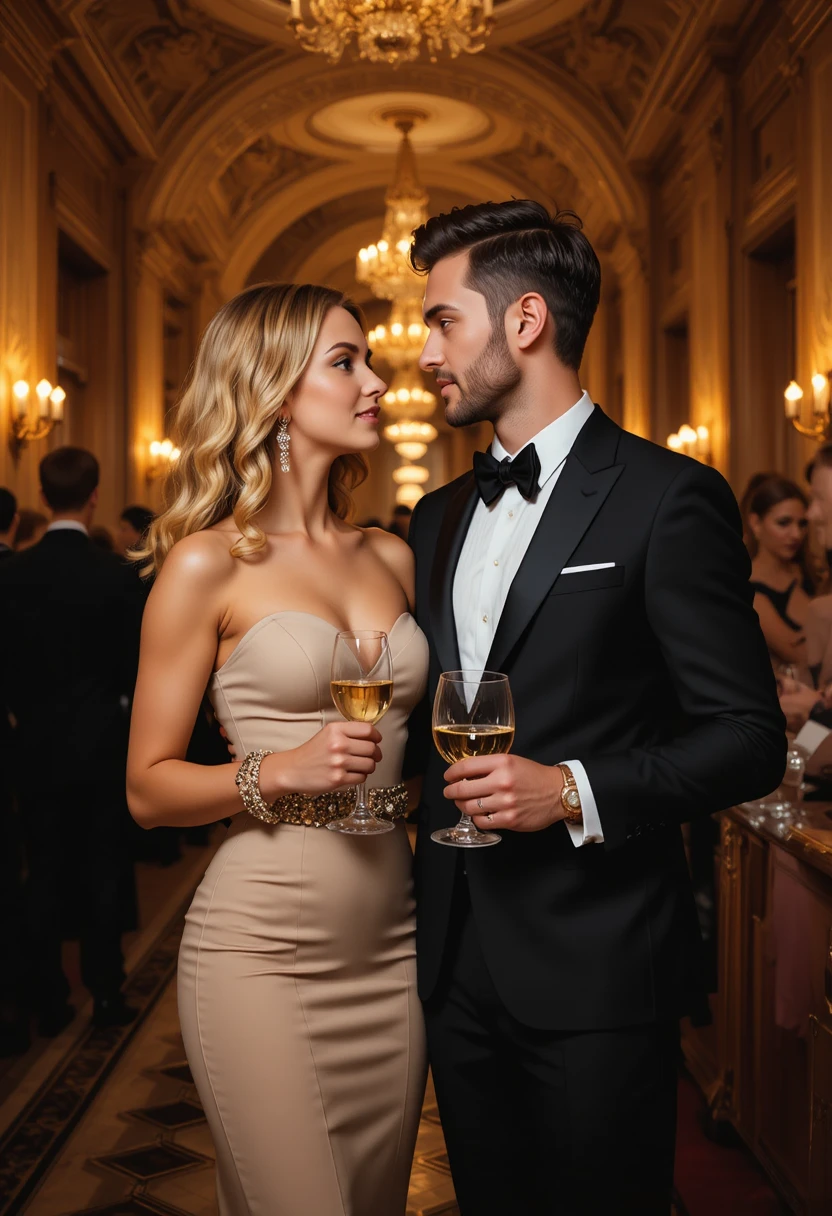 Una coppia condivide un momento romantico in una sala da ballo dorata