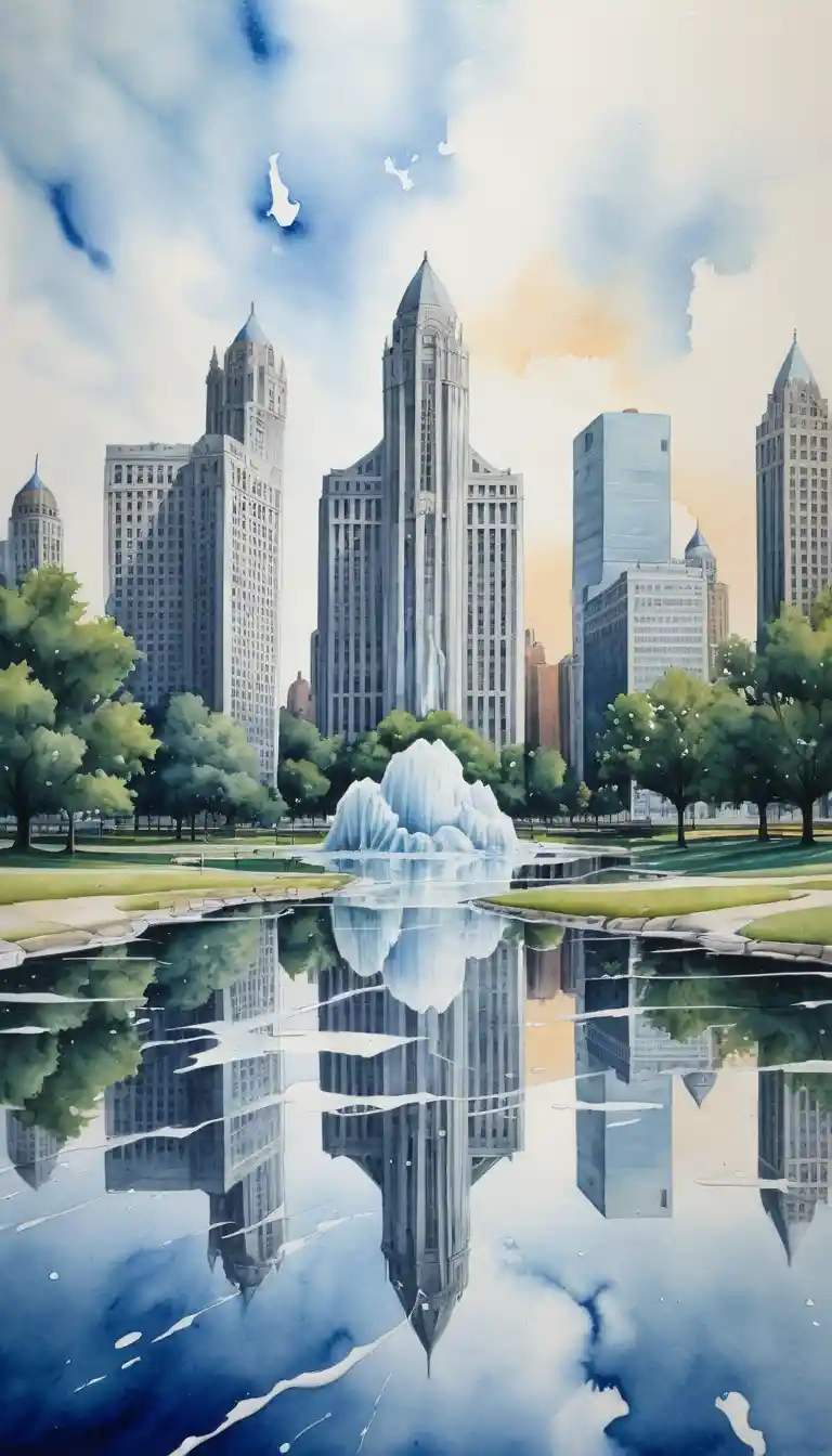 A watercolor painting of Detroit in a cityscape