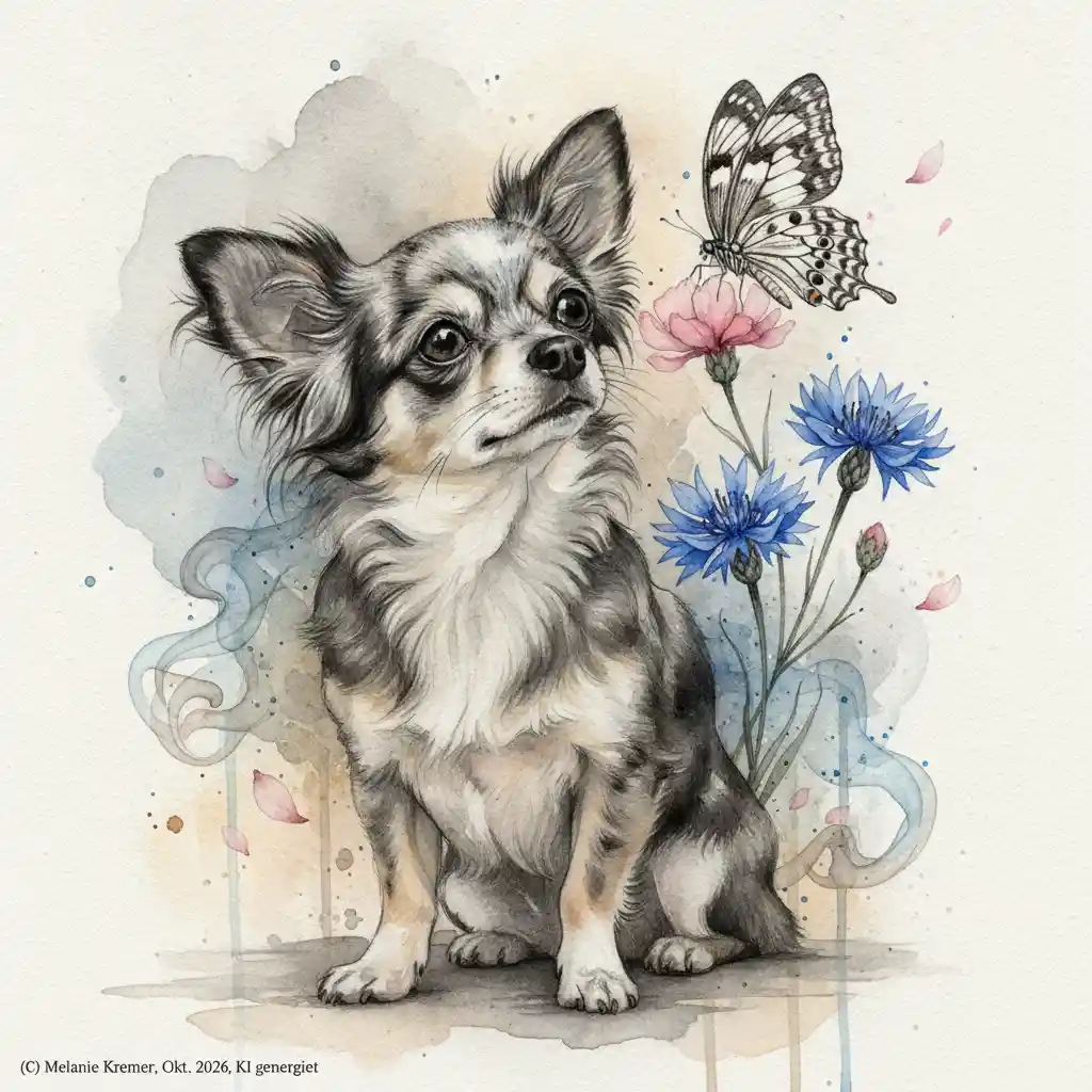 Ein sitzender älterer Chihuahua blickt zu einem Schmetterling auf